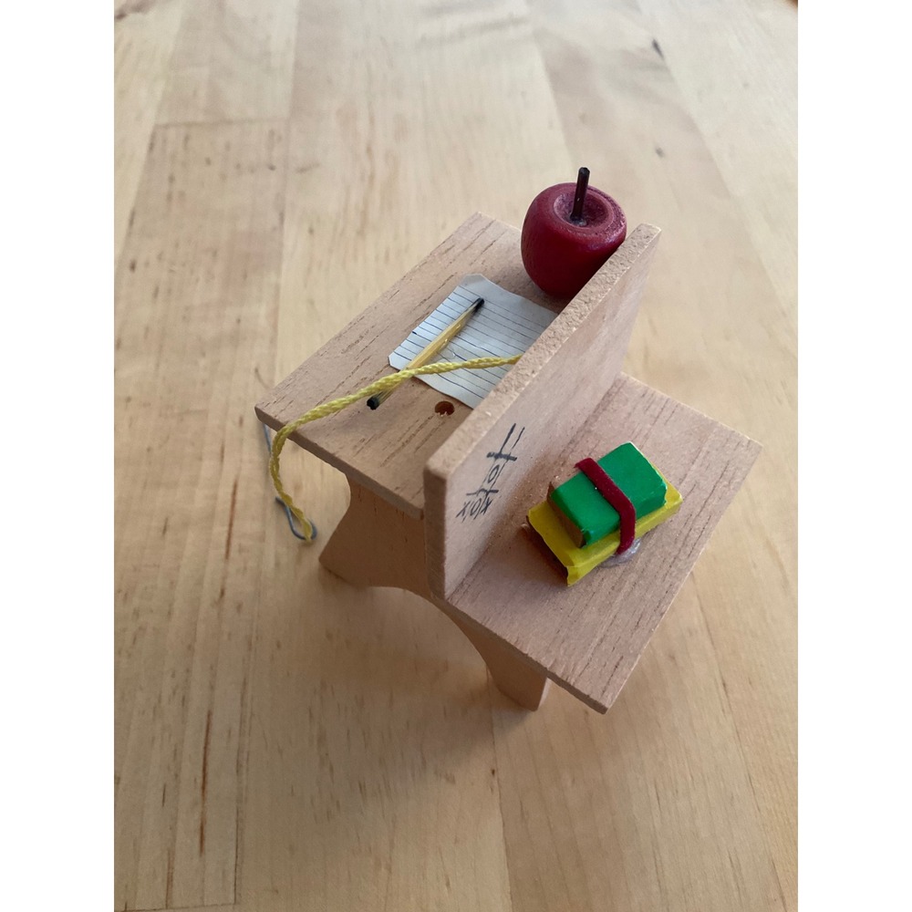 Miniature Wooden School Desk Ornament with Apple Books and Pencil Teacher Gift